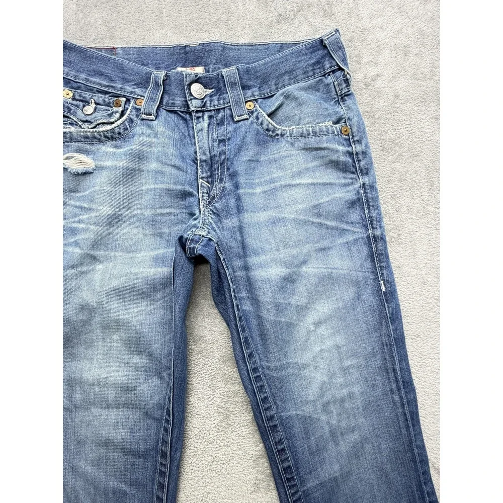 True Religion Jeans Mens Measured 34x33 Blue Bootcut Relaxed Distressed Logo